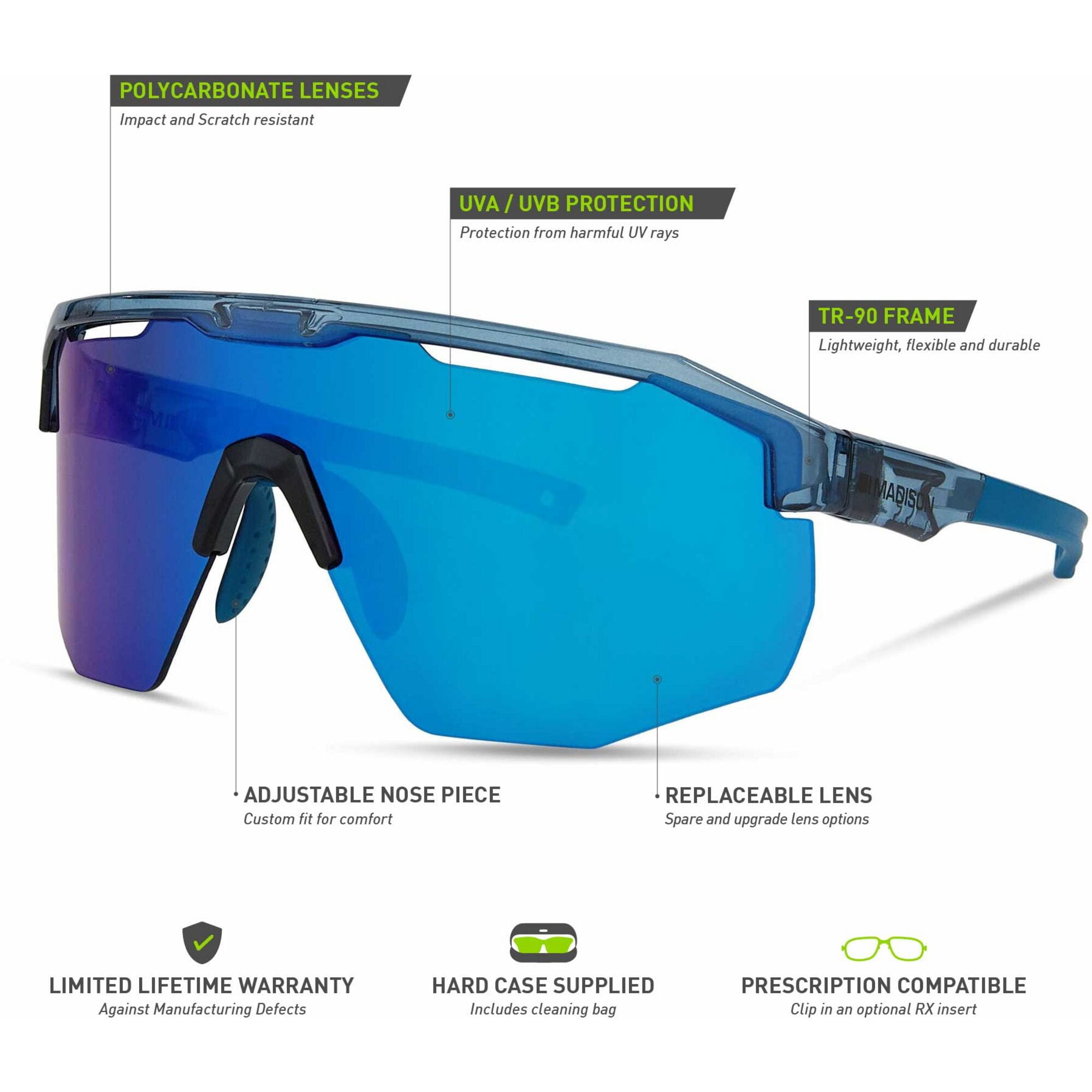 Madison Cipher Crystal Gloss Blue Sunglasses 3 Lens Pack Details
