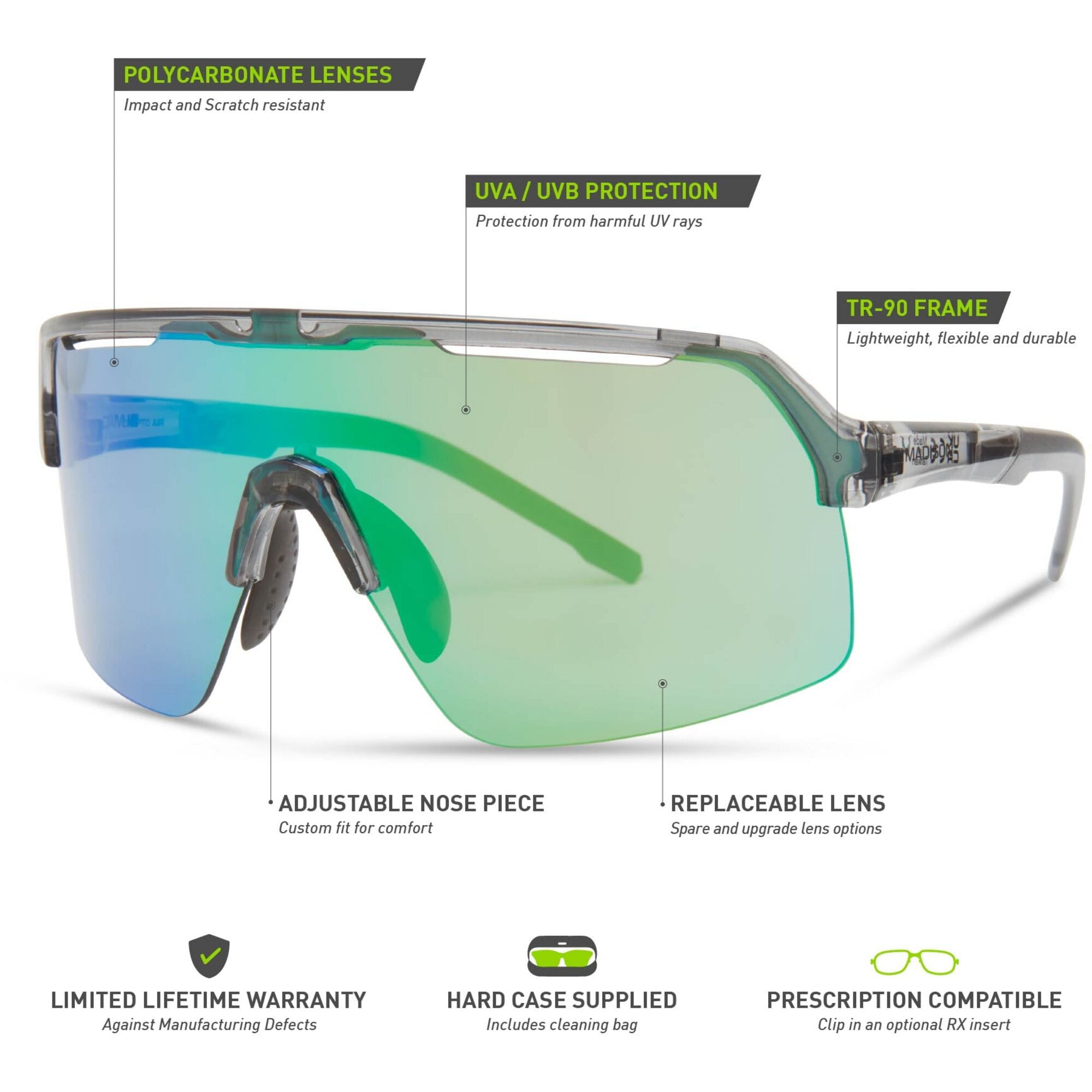 Madison Crypto Air Crystal Smoke Sunglasses Green Mirror Lens Details