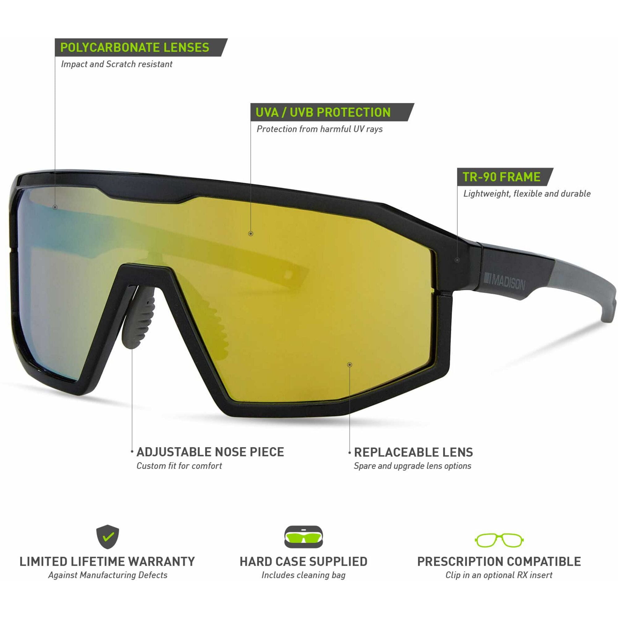 Madison Enigma Gloss Black Sunglasses Bronze Mirror Lens Details