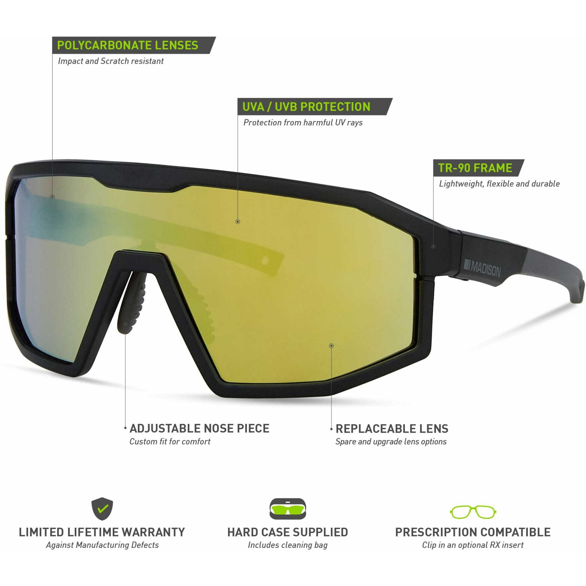 Madison Enigma Matt Black Sunglasses 3 Lens Pack Bronze Mirror Details