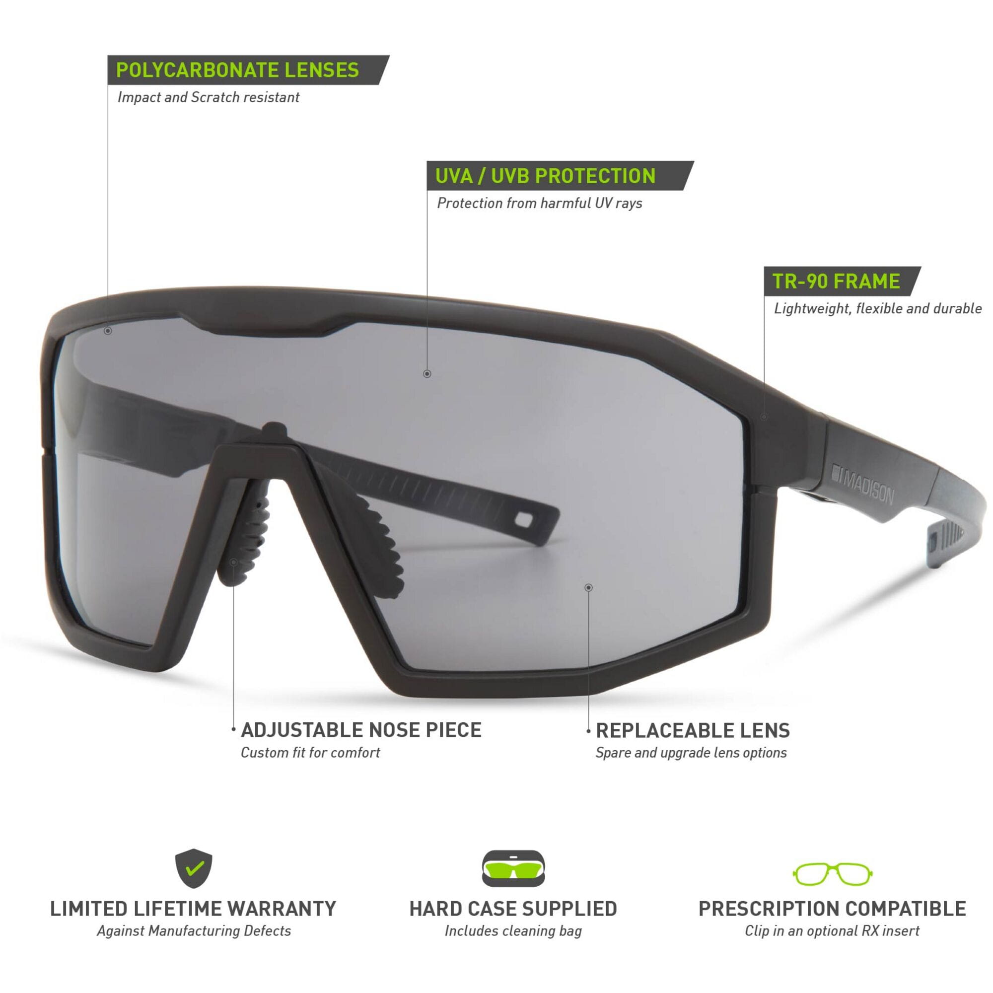 Madison Enigma Matt Black Sunglasses 3 Lens Pack Details