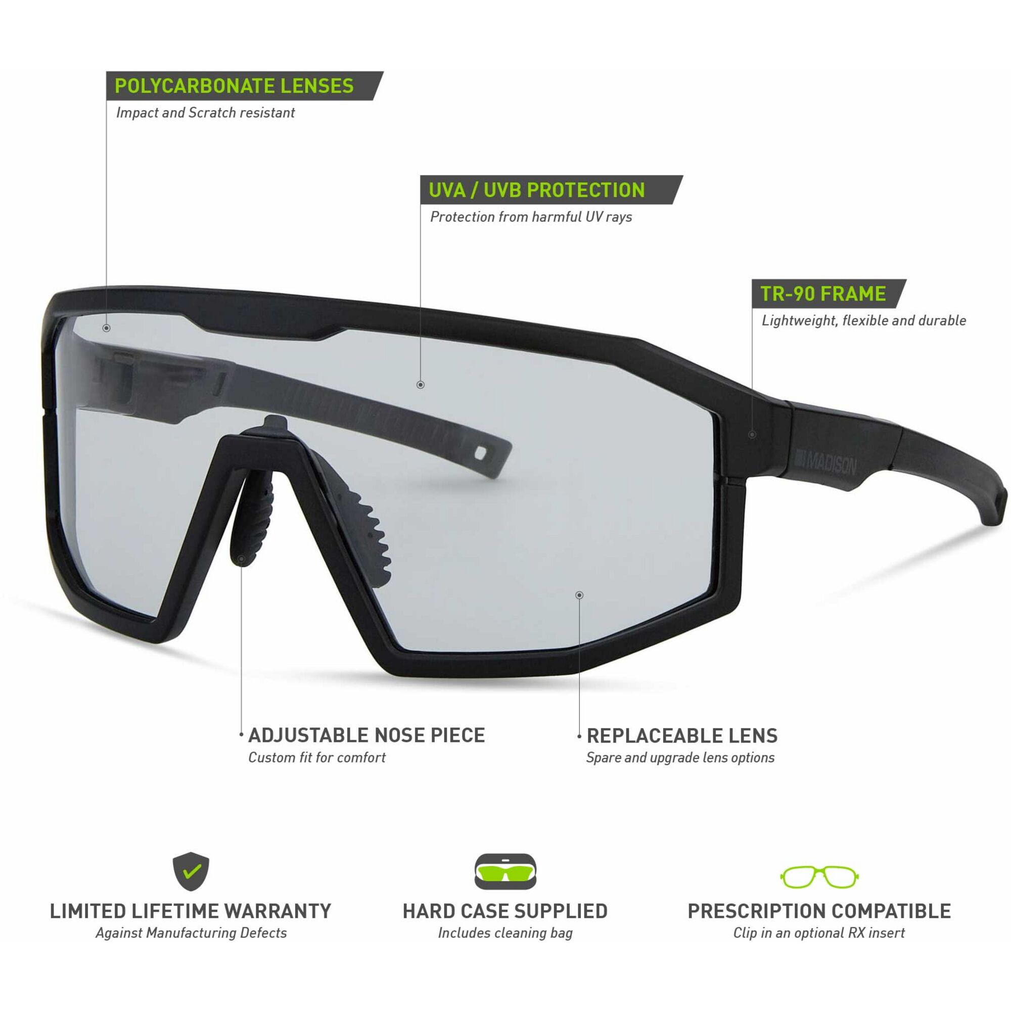 Madison Enigma Matt Black Sunglasses Clear Lens Details