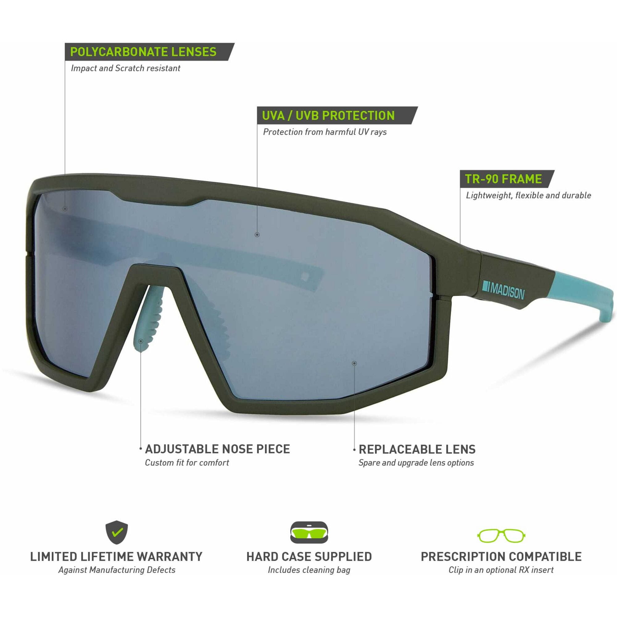 Madison Enigma Matt Olive Sunglasses 3 Lens Pack Details