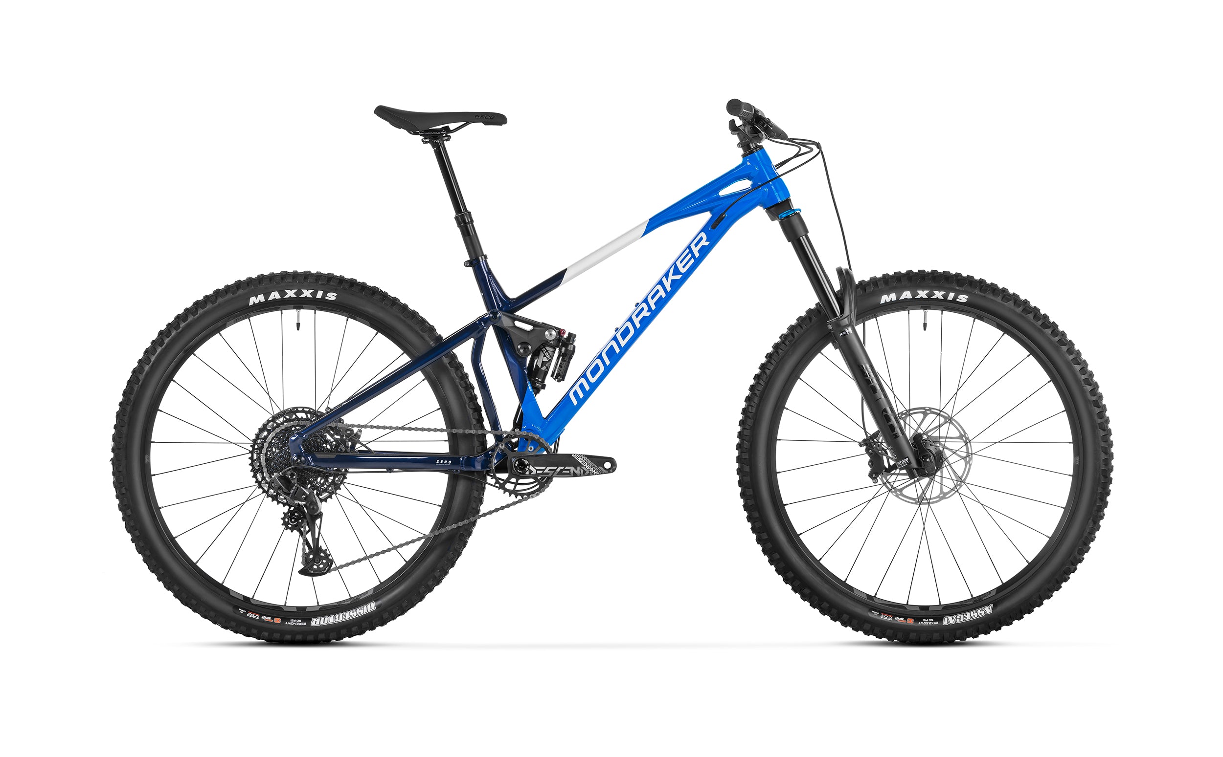 Mondraker superfoxy carrera blue full suspension bike blue side view