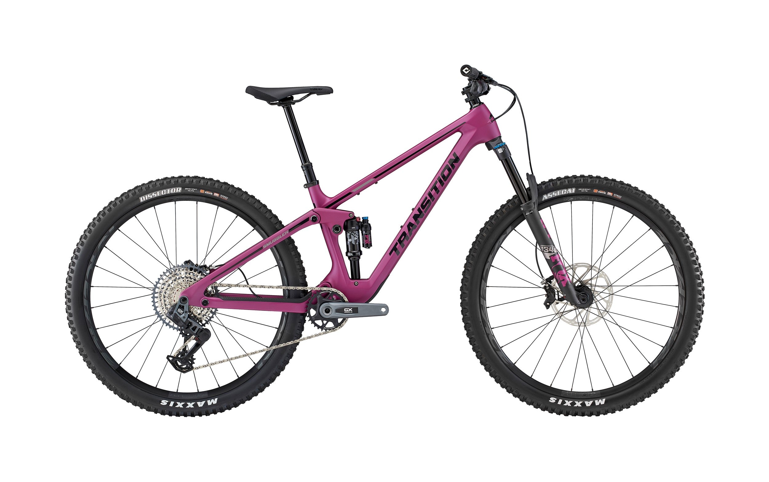 Transition smuggler carbon bike with gx axs drivetrain in the colour orchid