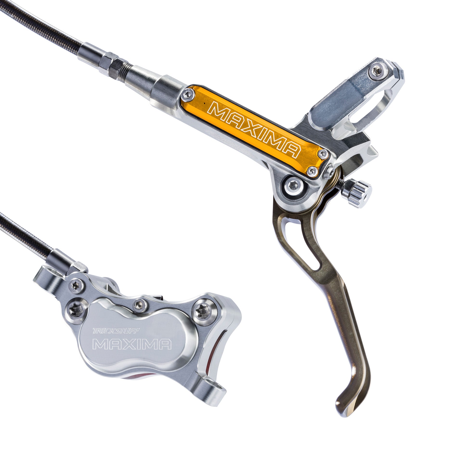 Trickstuff Maxima brakes in silver with goodridge carbon hose