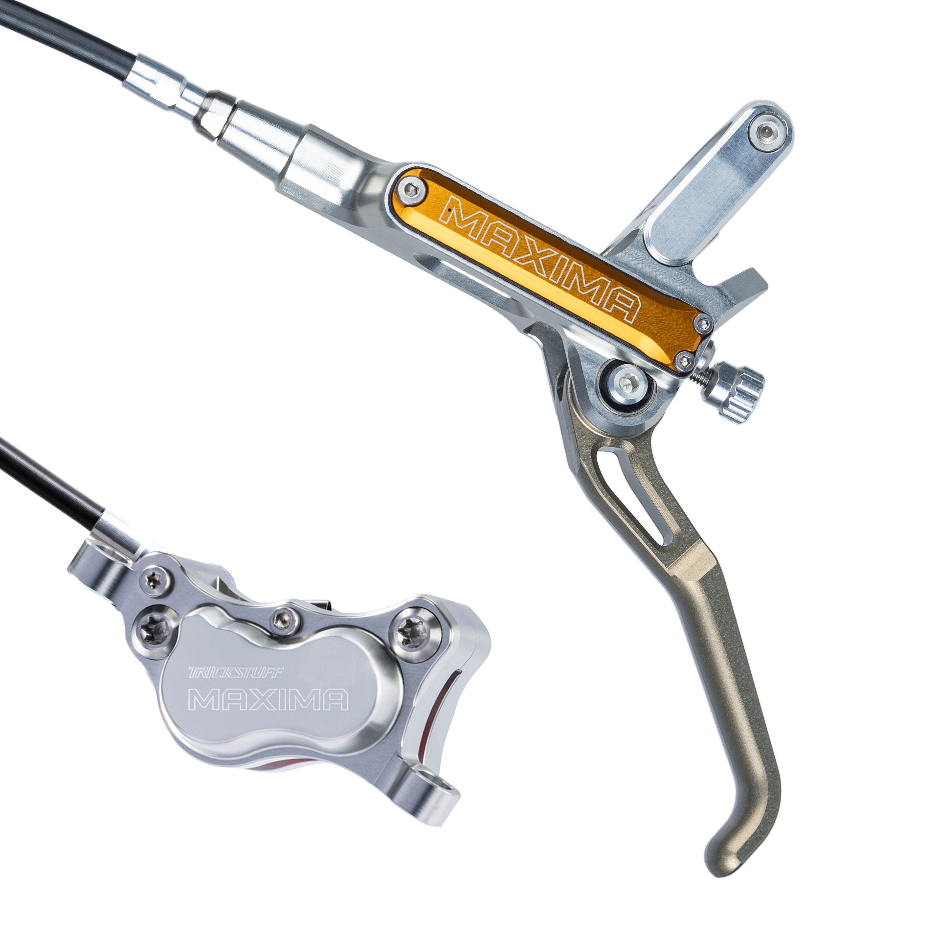 Trickstuff maxima brakes in silver with black kevlar hose