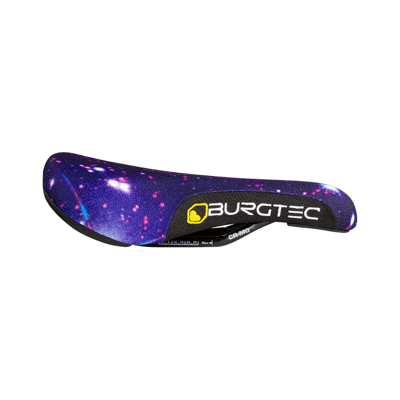 Purple nebula burgtec the cloud boost saddle with white logo on the side