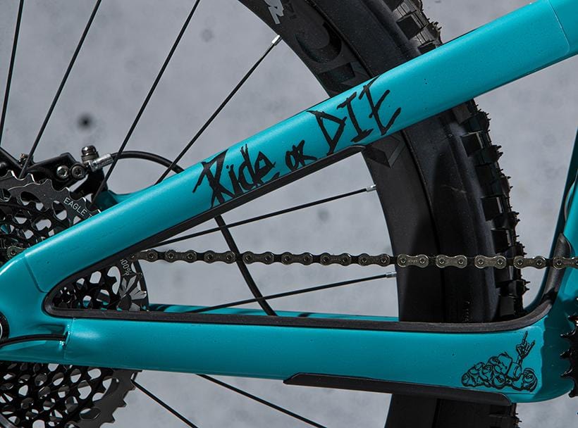 Dyedbro ride or die frame protection kit on a mtb
